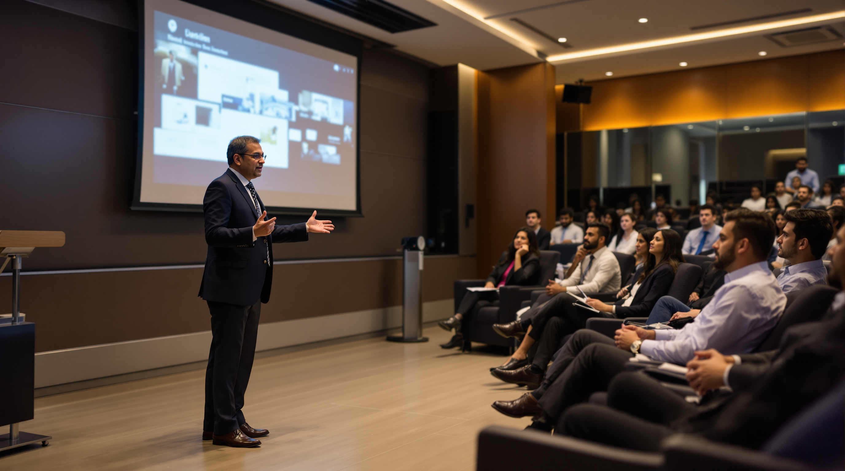 Corporate executive delivering guest lecture to MBA students
