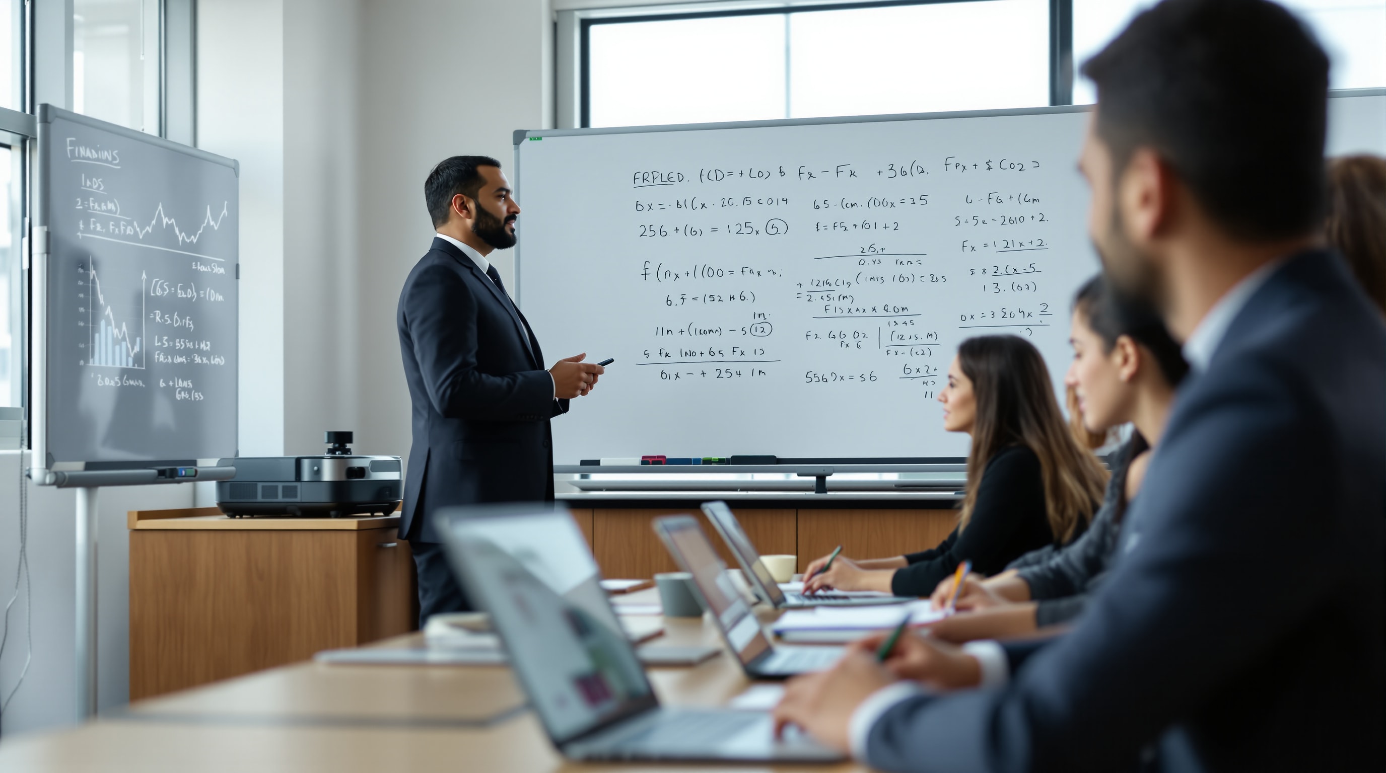 Management professor teaching MBA students in modern classroom